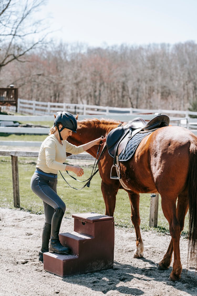 A Woman Wearing Black Helmet Climbing Steps Beside A Horse