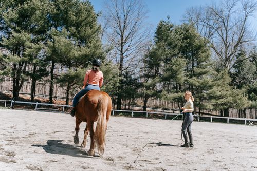 Free Woman and instructor engaged in horseback riding lesson in outdoor arena. Stock Photo