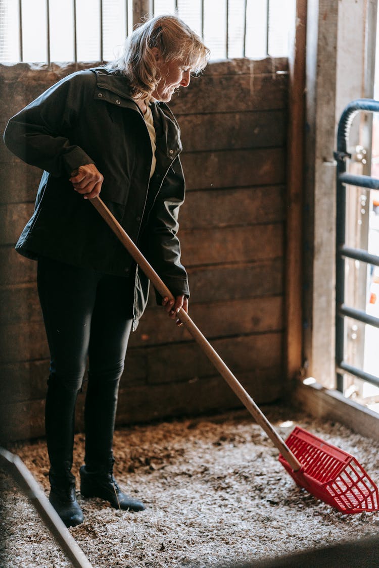 Woman Cleaning Out Stables