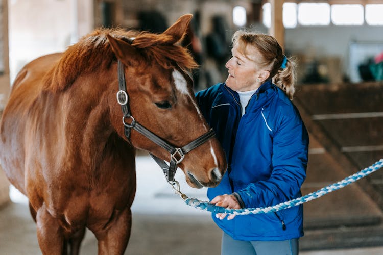 A Woman With A Horse In Stables