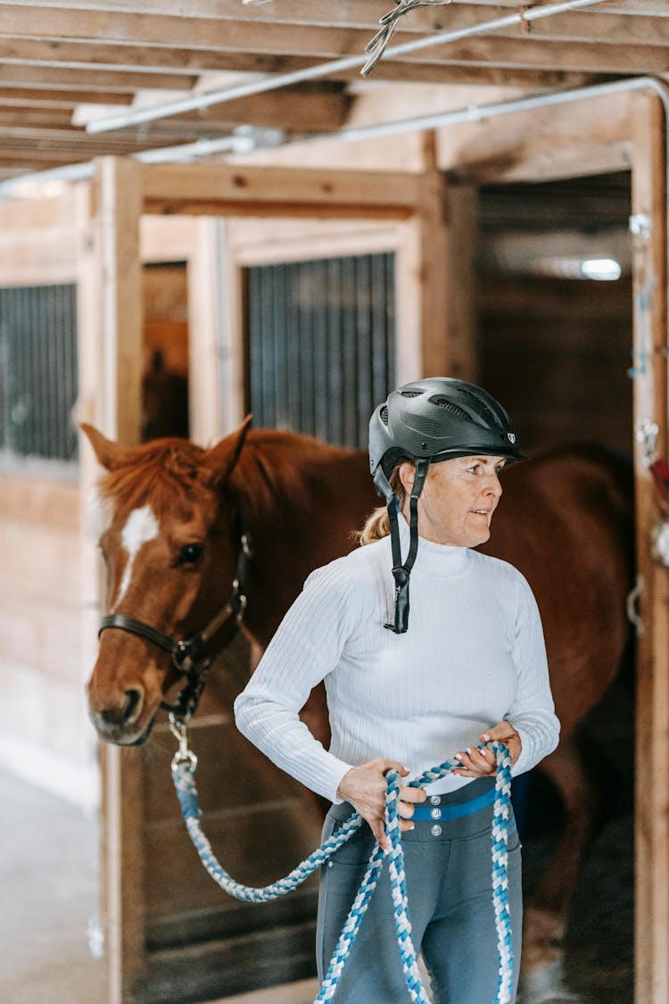 Woman With Horse In Stable