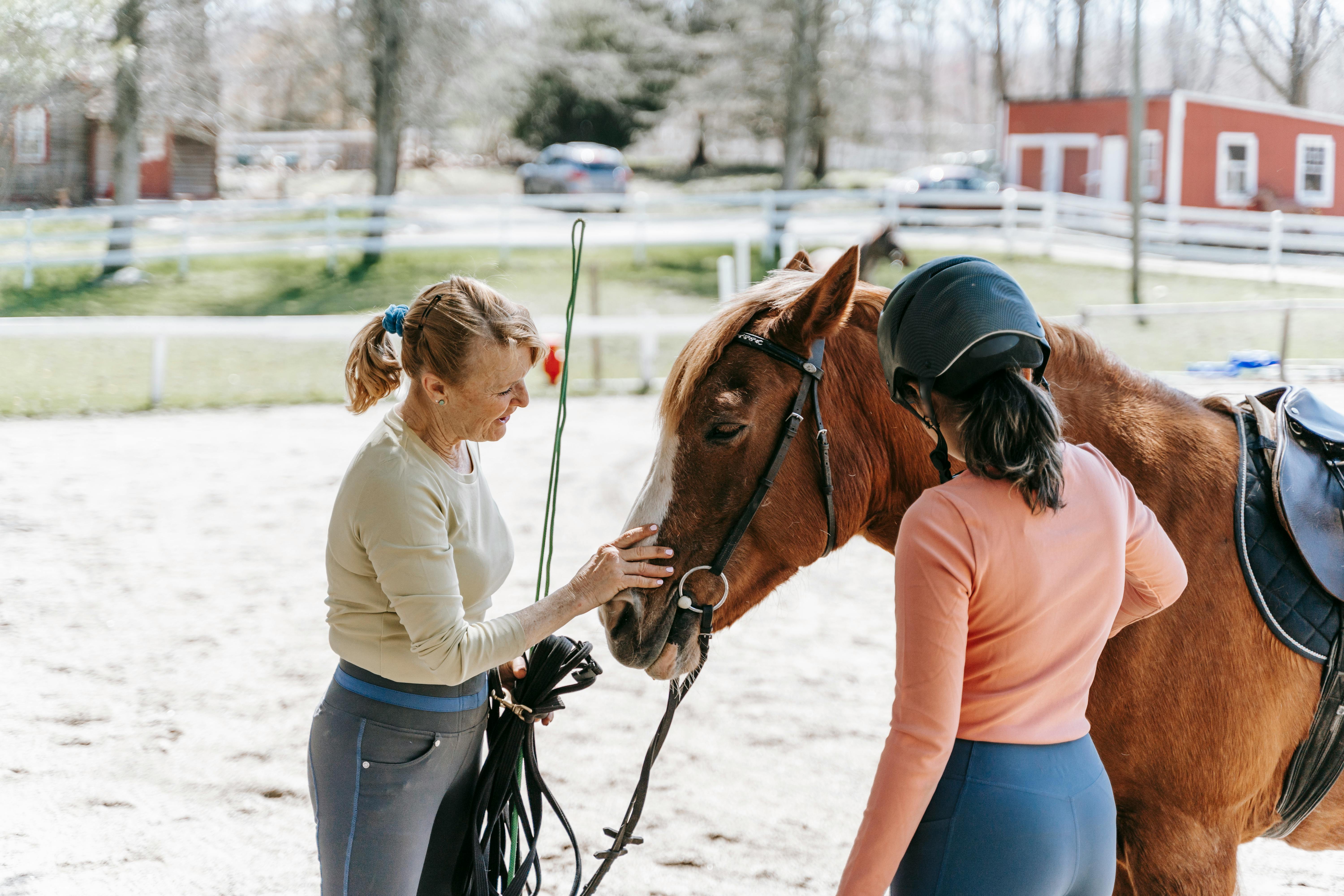 Two women care for a horse at an outdoor stable, enjoying a sunny day.