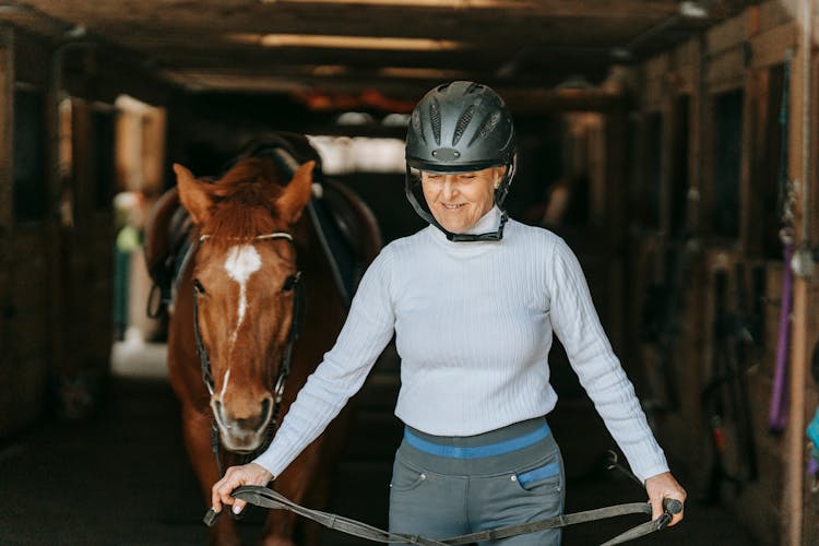 Woman Wearing An Equestrian Helmet Guiding A Horse Out Of The Stable