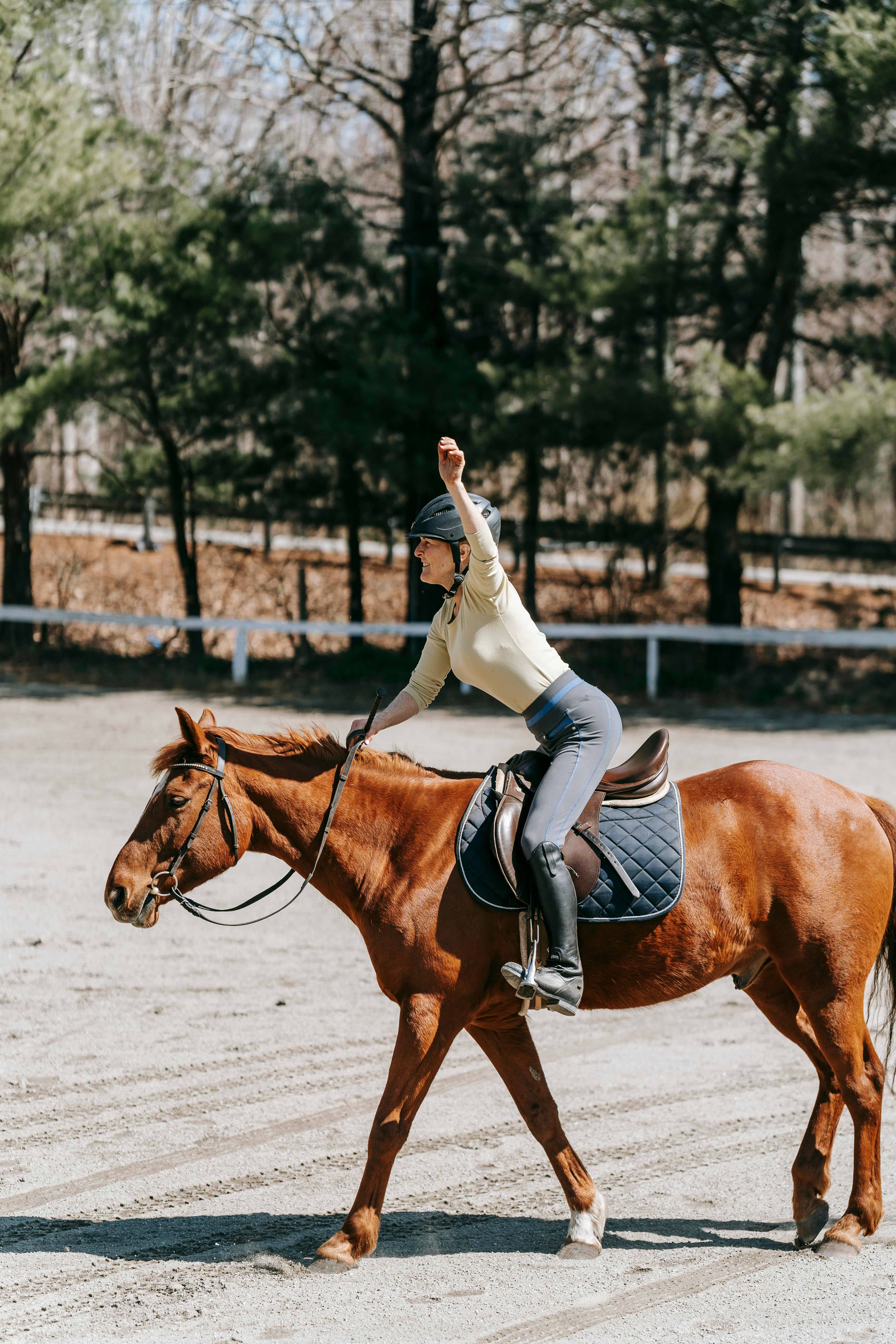 A woman riding a chestnut horse in an outdoor equestrian setting, enjoying leisure time.