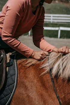 A person in a long sleeve shirt is riding a horse, focusing on the mane outdoors.