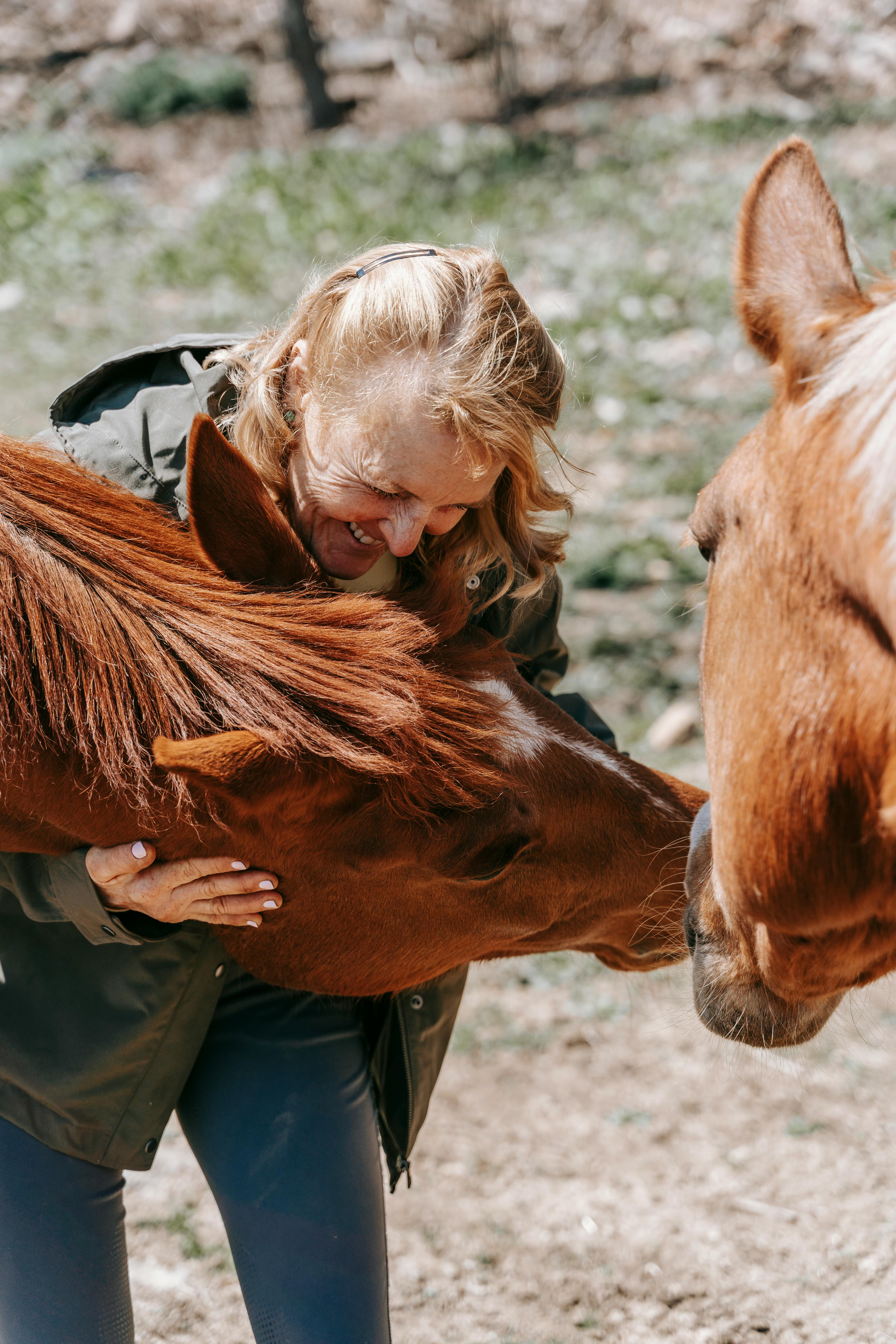 a woman hugging a brown horse