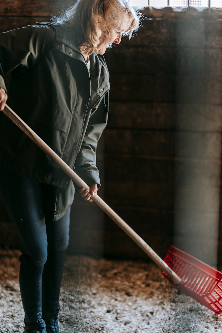 Woman Cleaning A Stable Stall