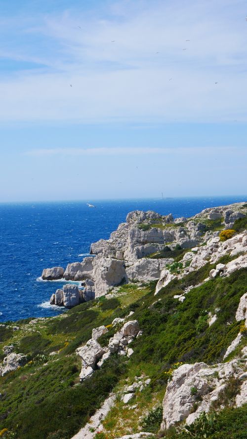 Free Vertical capture of the picturesque rocky coast along the Mediterranean Sea near Marseille, France. Stock Photo