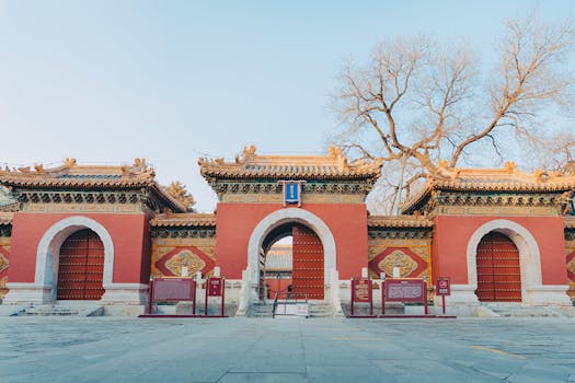 Ancient temple gates with traditional architecture in Beijing, China.