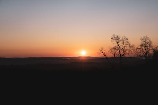 Beautiful sunrise scene with leafless trees and serene landscape in Connecticut, USA.