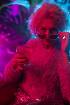 Fashionable senior woman enjoying a cocktail under vibrant neon lights, exuding confidence and style.