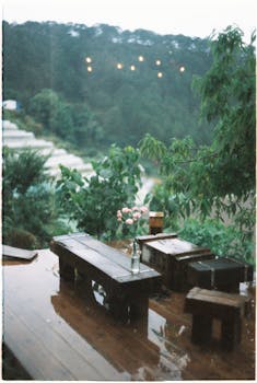 A wet wooden patio with benches and flowers, overlooking a lush garden after rainfall.