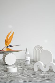 A modern minimalist composition featuring a cosmetic bottle, floral element, and abstract shapes on textured surface.