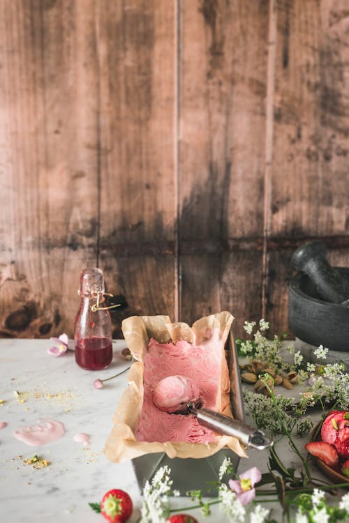 Free Strawberry-Flavored Ice cream on the Table Stock Photo