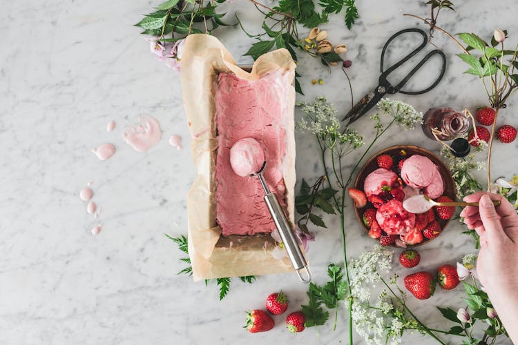 Strawberry-Flavored Ice Cream With A Scooper