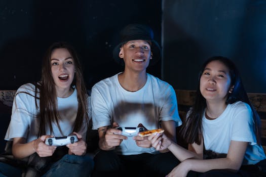 Three friends enjoying a gaming session indoors, wearing white shirts and holding controllers.