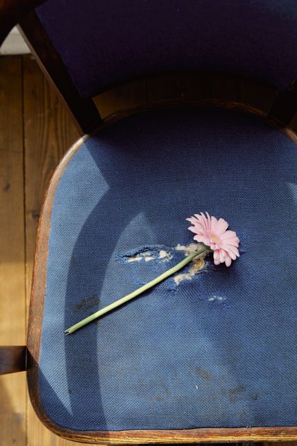 A single pink flower rests gently on a worn blue vintage chair in natural light.