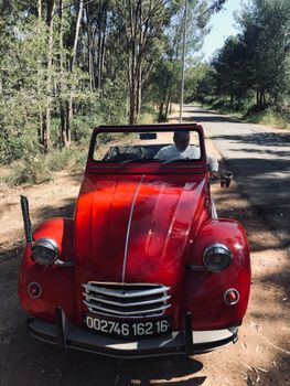 Red vintage convertible car parked on a forest road with driver, exuding classic charm.