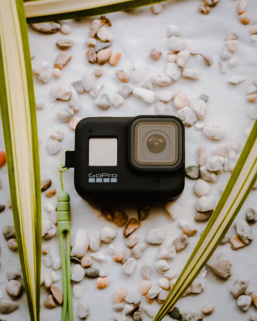 Free GoPro action camera placed on pebbles with green foliage, perfect for action photography. Stock Photo