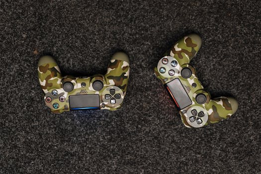 Two camouflage-patterned game controllers displayed on a textured, dark surface from above.