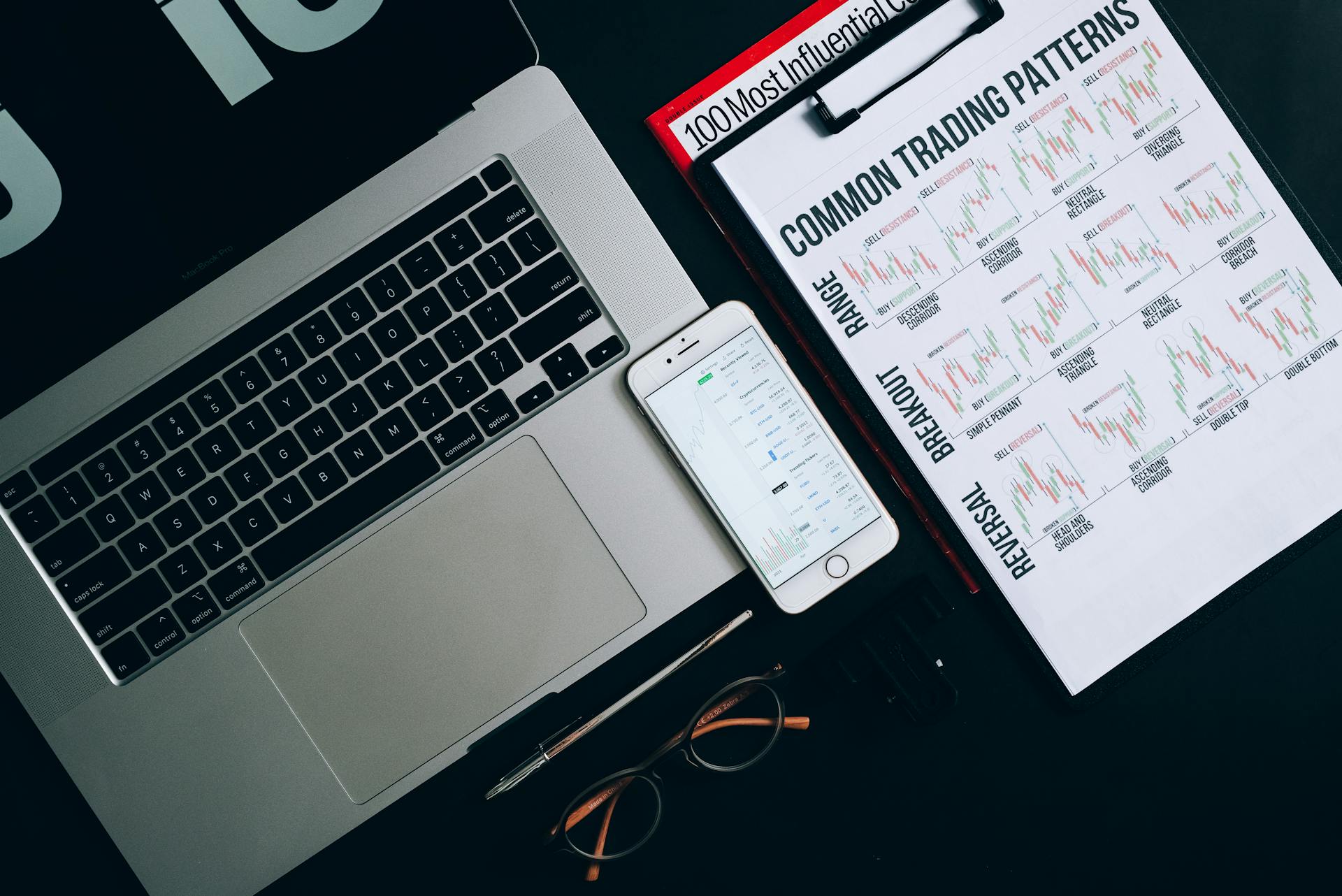 A flat lay composition featuring a laptop, smartphone, and trading pattern charts for financial analysis.