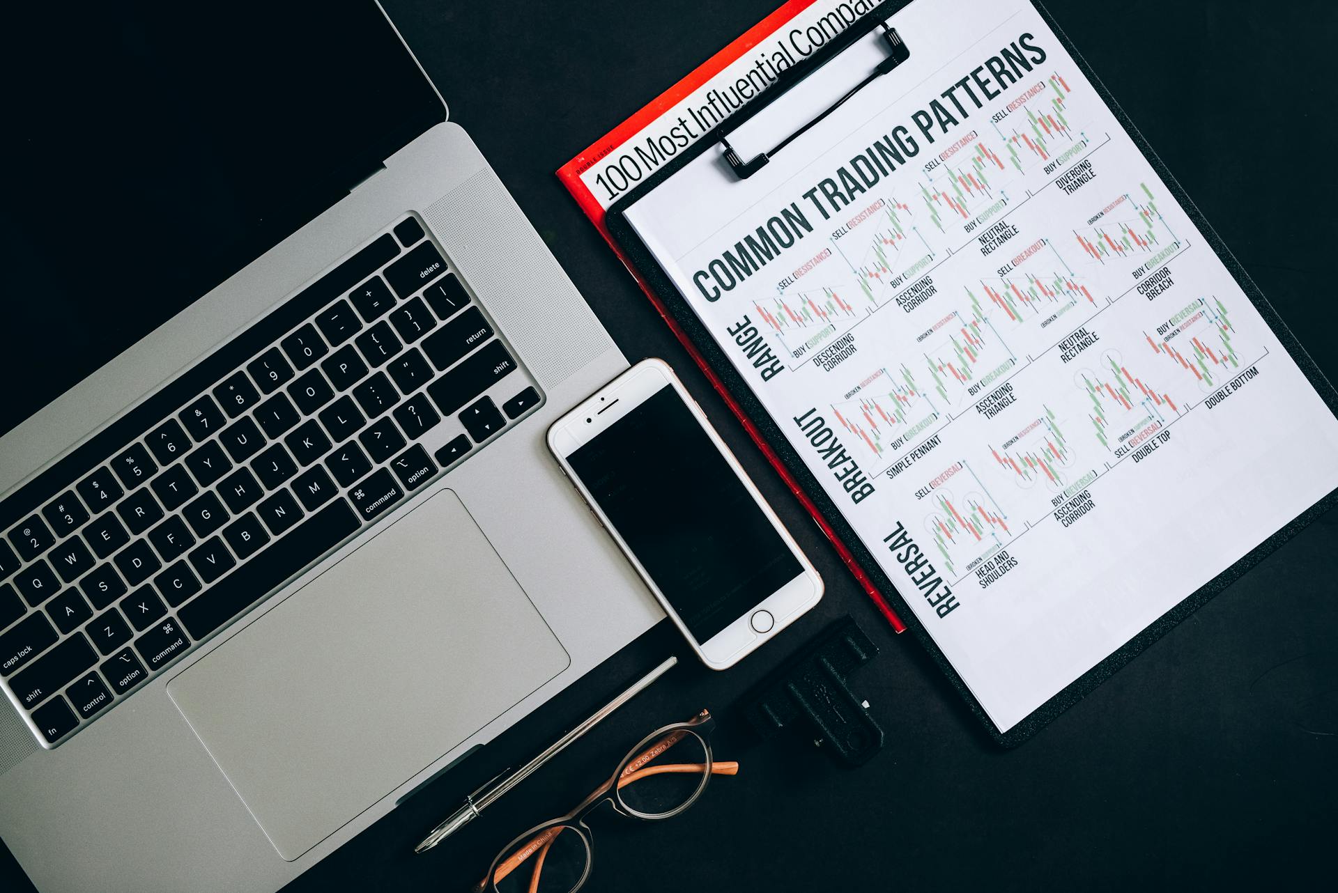 Close-up of office tools including a laptop, smartphone, and trading patterns document on a dark surface.