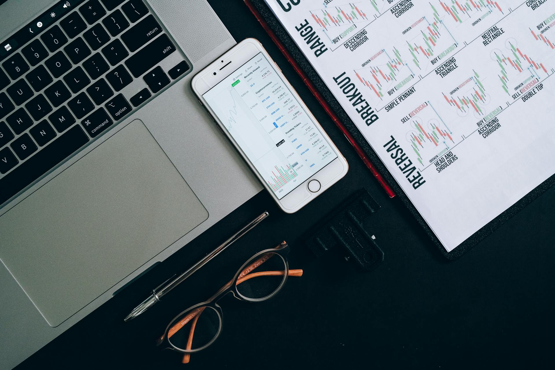 Laptop, smartphone, and financial charts on office desk for market analysis.