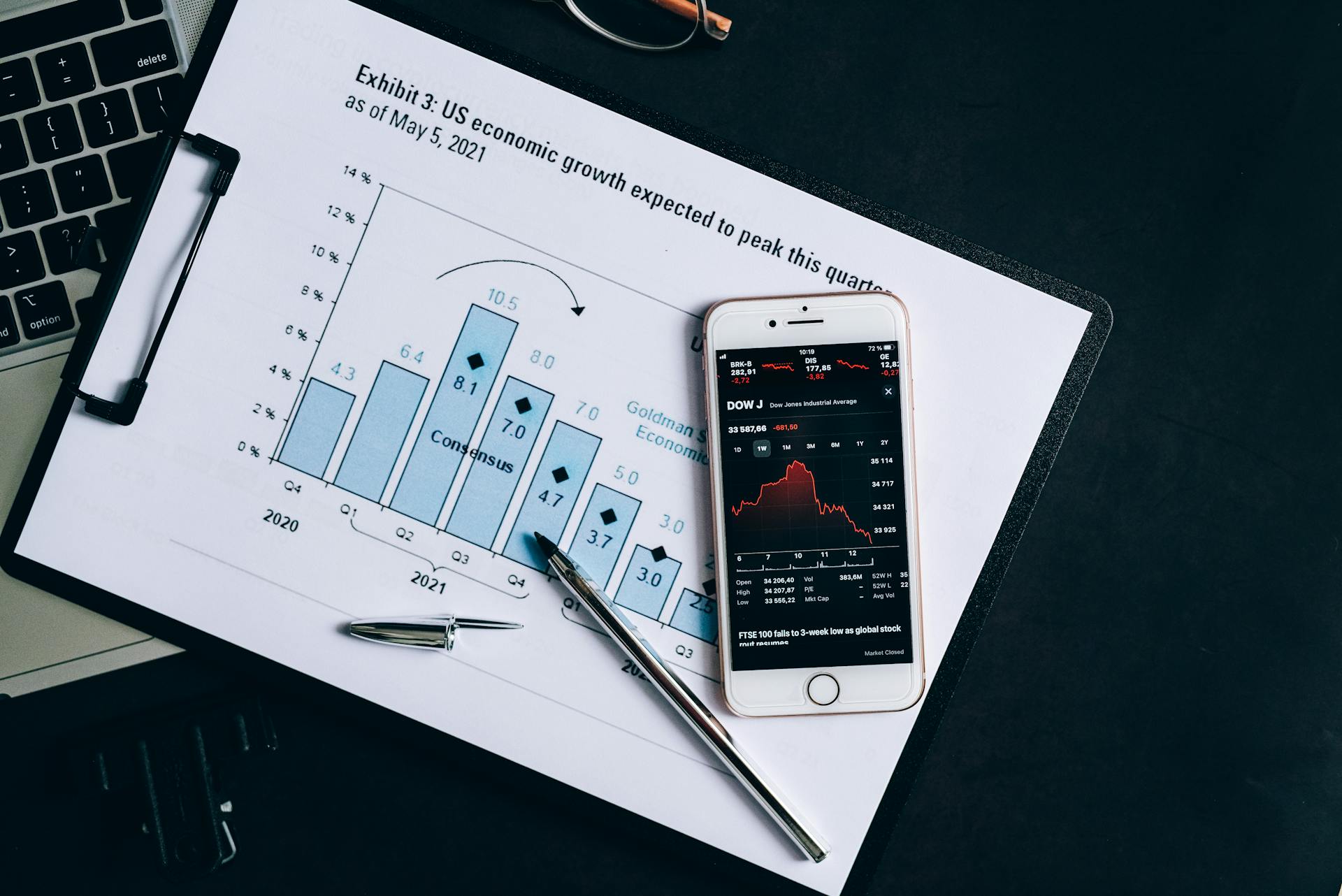 A smartphone displaying stock data rests on a financial report graph.