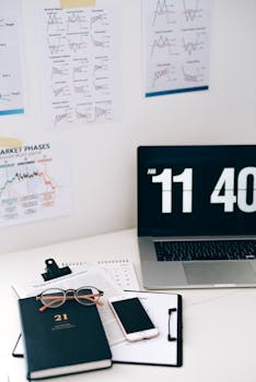 Organized workspace featuring laptop, papers, and graphs reflecting business analysis