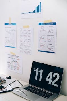 Office desk with financial charts on wall and a laptop displaying time, ideal for business themes.