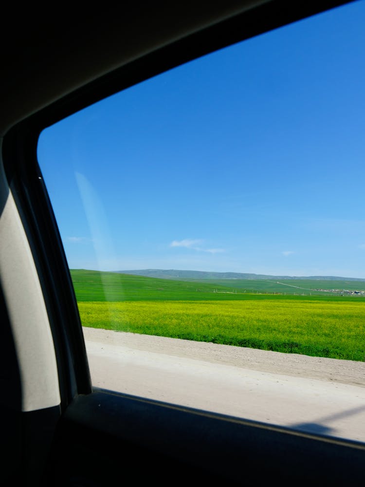 Green Field And Blue Sky View From Car Window