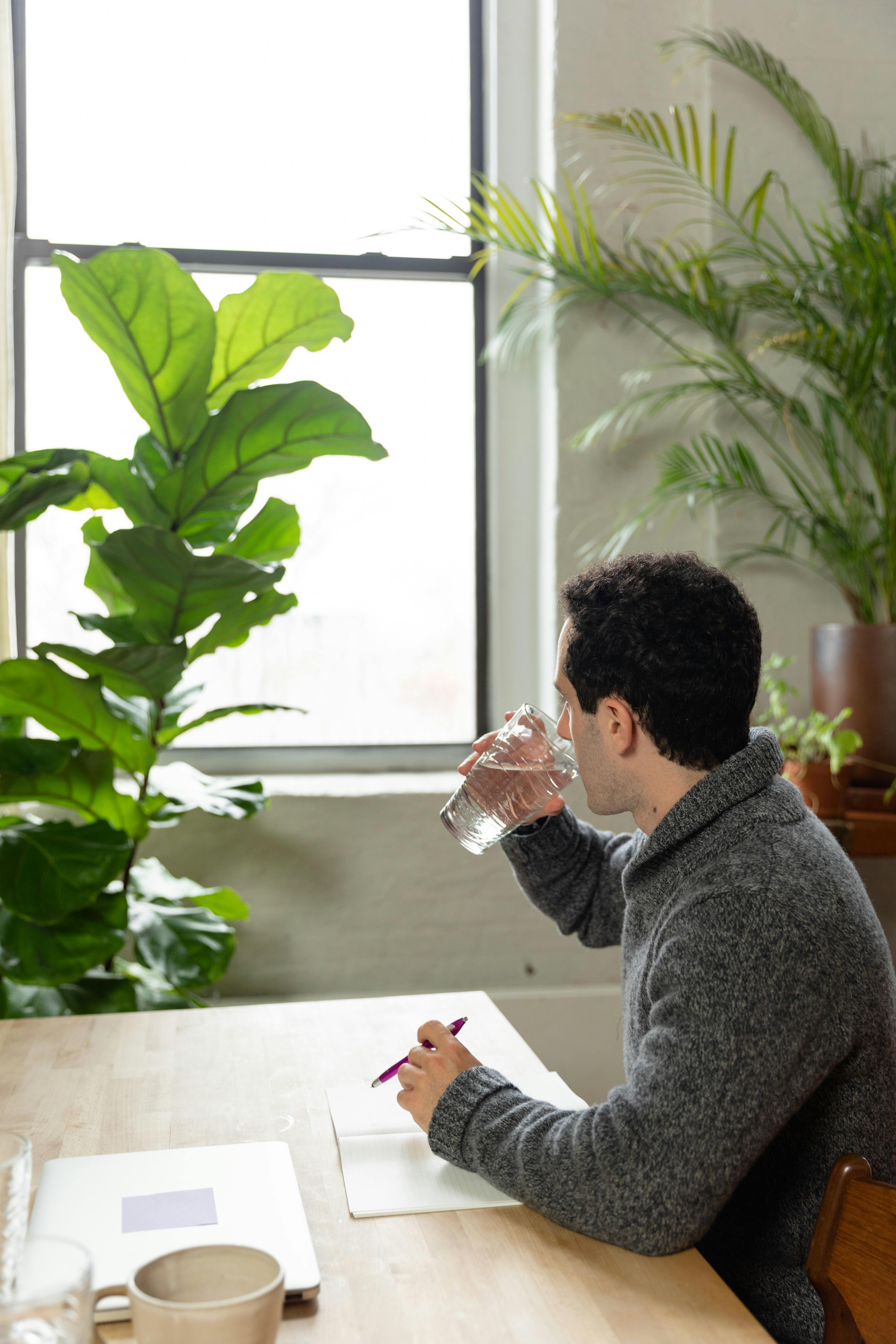 Adult man in gray sweater working at a wooden desk with laptop and plants, enjoying a glass of water.