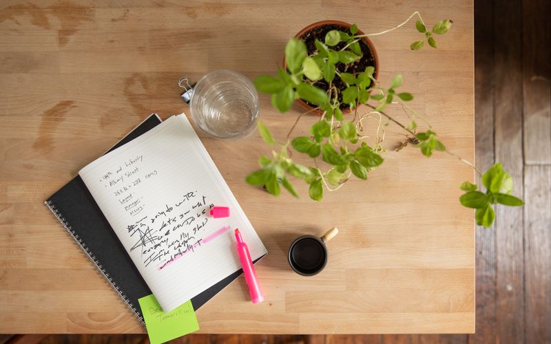 Overhead view of a workspace with notebooks, plant, and highlighter.
