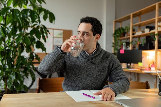 Office worker drinking water from glass, sitting at desk with plants and notes.