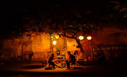 Dos Personas Sentadas Debajo Del árbol Verde Durante La Noche