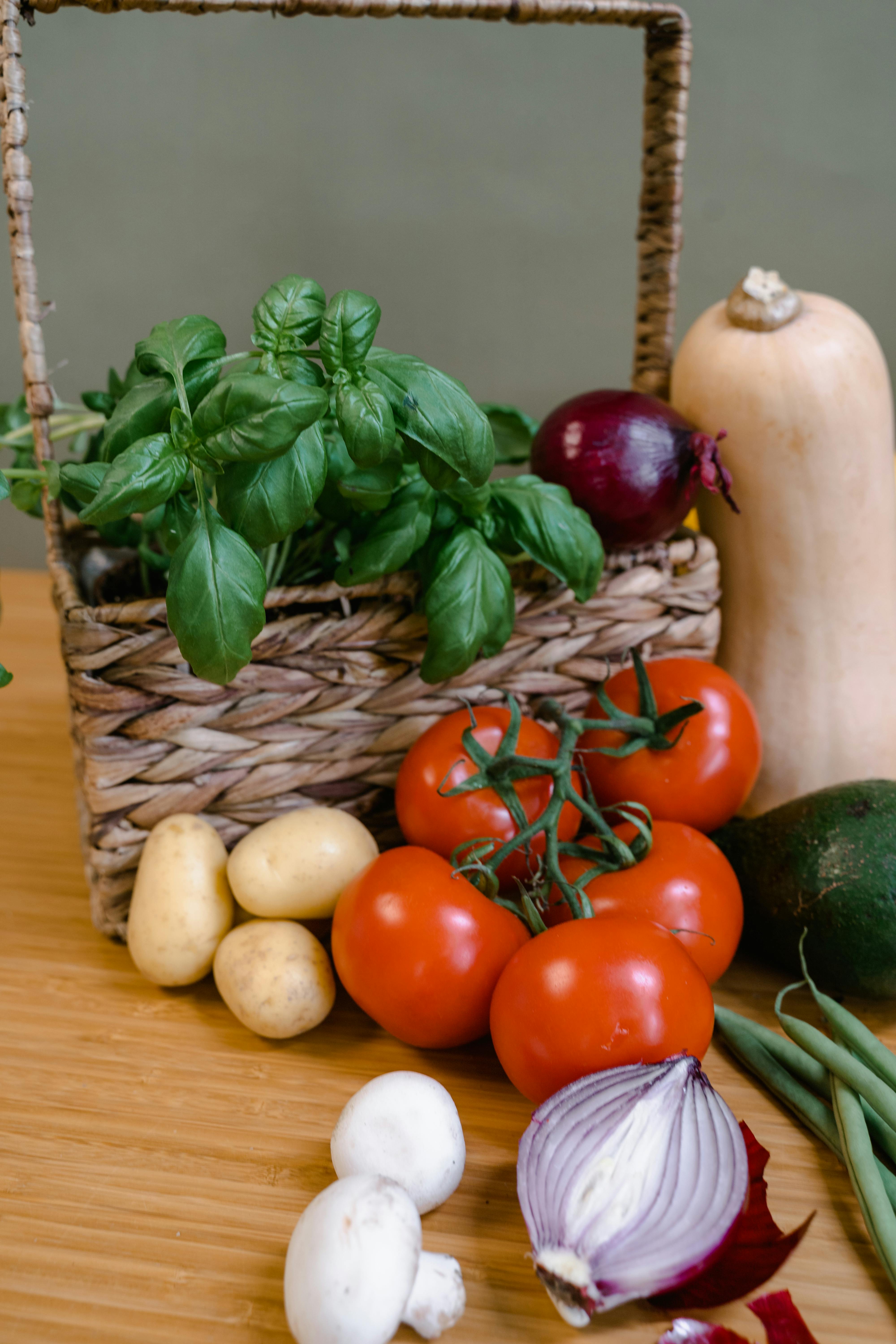 woven basket with fruits and vegetables