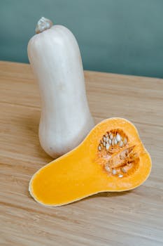 Whole and sliced butternut squash on a wooden table, highlighting healthy eating.