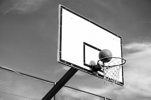 Black-and-white image of a basketball hoop with a ball, captured outdoors.