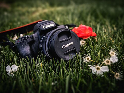 Close-Up Shot of a Black DSLR Camera on a Grass