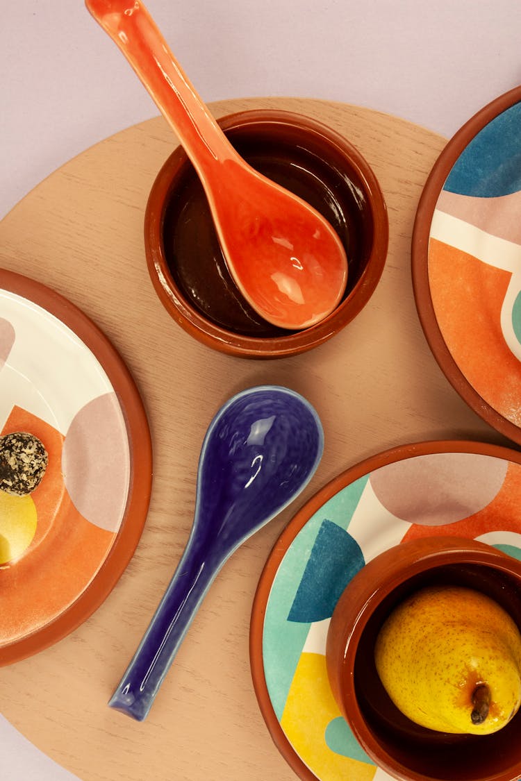 Top View Of A Colorful Crockery Set