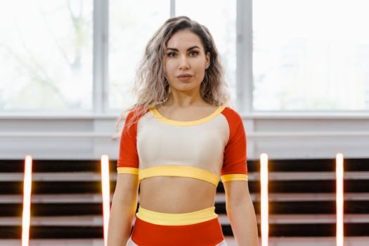 Young woman in colorful activewear posing confidently in an indoor gym setting.