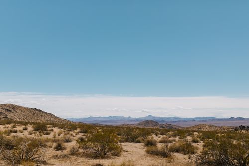 Free Explore the vast desert landscape under a clear blue sky with distant mountains. Stock Photo