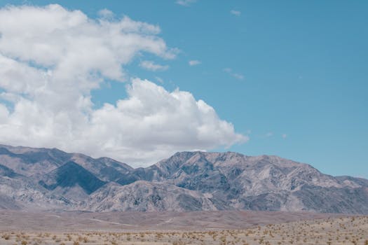 Stunning view of desert landscapes and mountains under a bright blue sky in Death Valley.