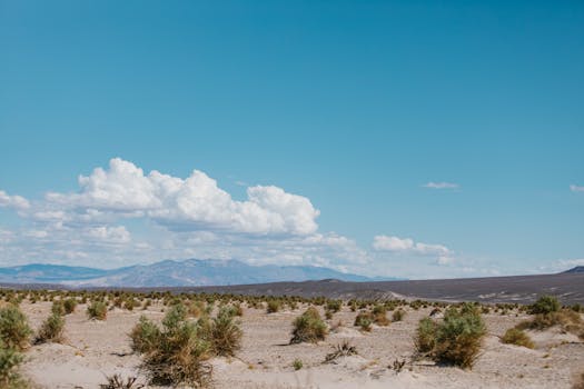Breathtaking view of a desert landscape with dunes and white clouds under a clear blue sky.