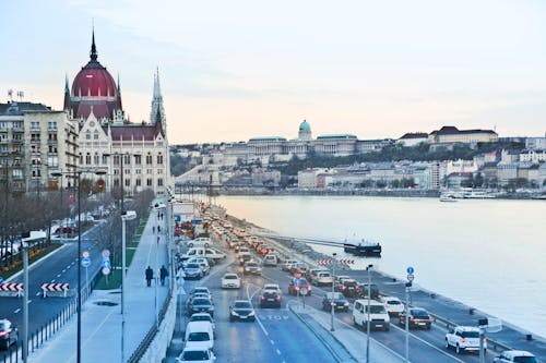 Traffic Jam Along River Bank