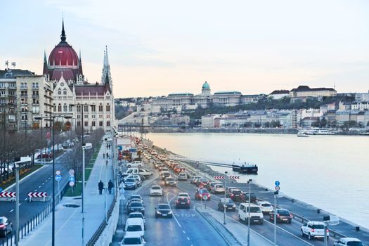 Traffic Jam Along River Bank