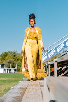 Stylish African woman in yellow fashion outfit confidently walking outdoors, showcasing elegance and grace.
