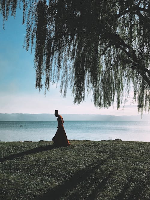 Full body side view of anonymous male in traditional outfit walking on grassy shore near tree and sea in sunny summer day in nature