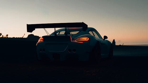 Silhouette of a sleek sports car with a spoiler at dawn, emphasizing speed and adventure.