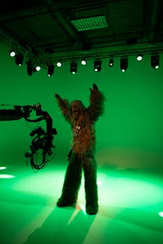 A person in a Wookie costume poses on a green screen film set with studio lighting.